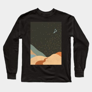 Mountains under night sky with stars and birds flying. Romantic design Long Sleeve T-Shirt